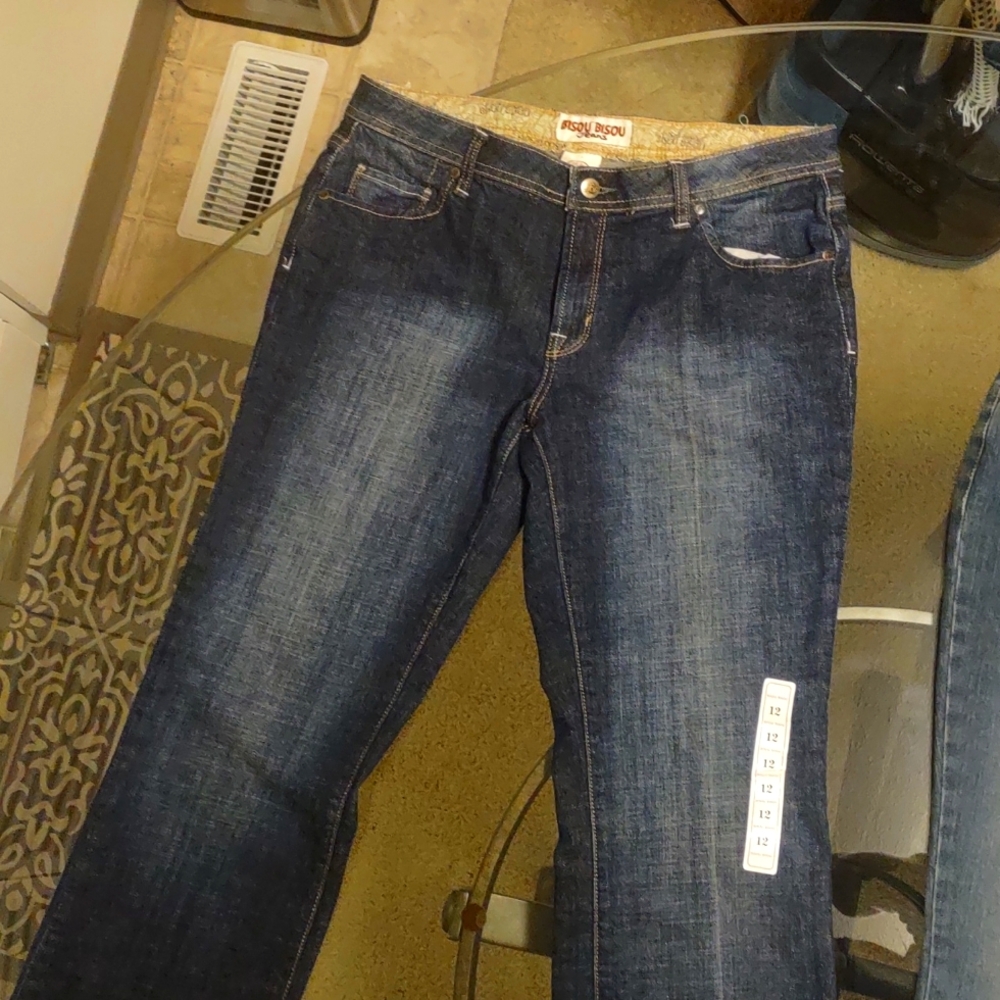 Bisou women's blue jeans boot cut mid rise waist slim through hip and thigh